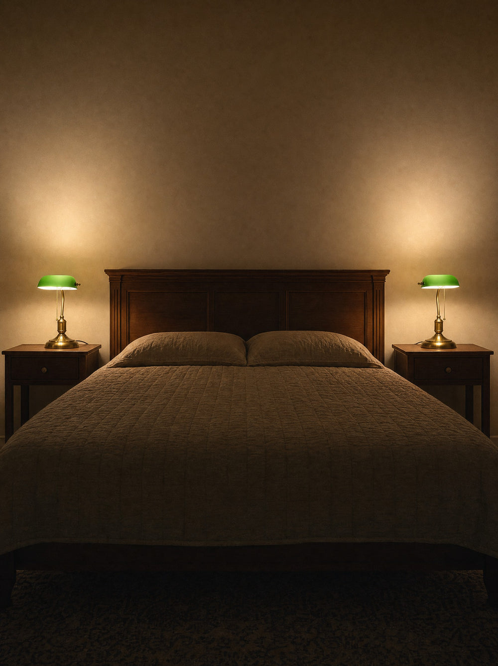 Bankers Green Glass Nightstand Lamp, as a pair on both nightstands at night