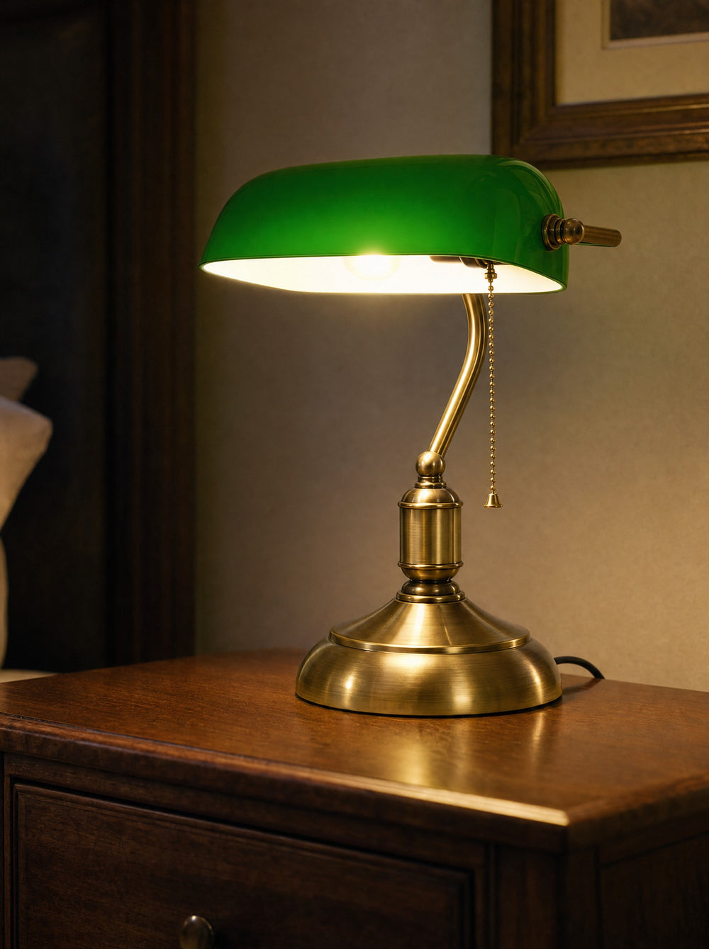 Bankers Green Glass Nightstand Lamp, close-up, lit