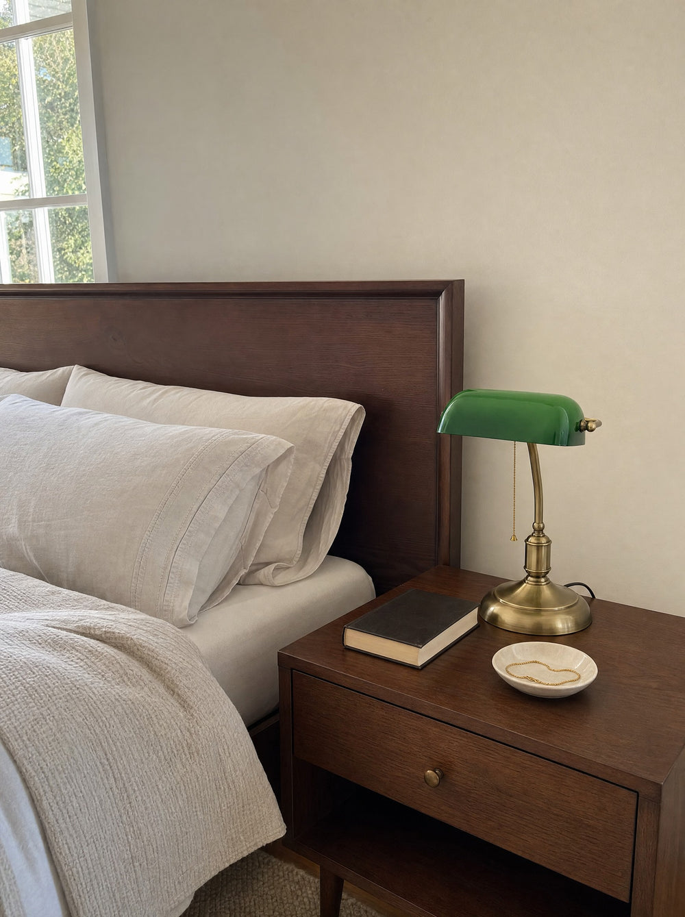 Bankers Green Glass Nightstand Lamp, in daylight