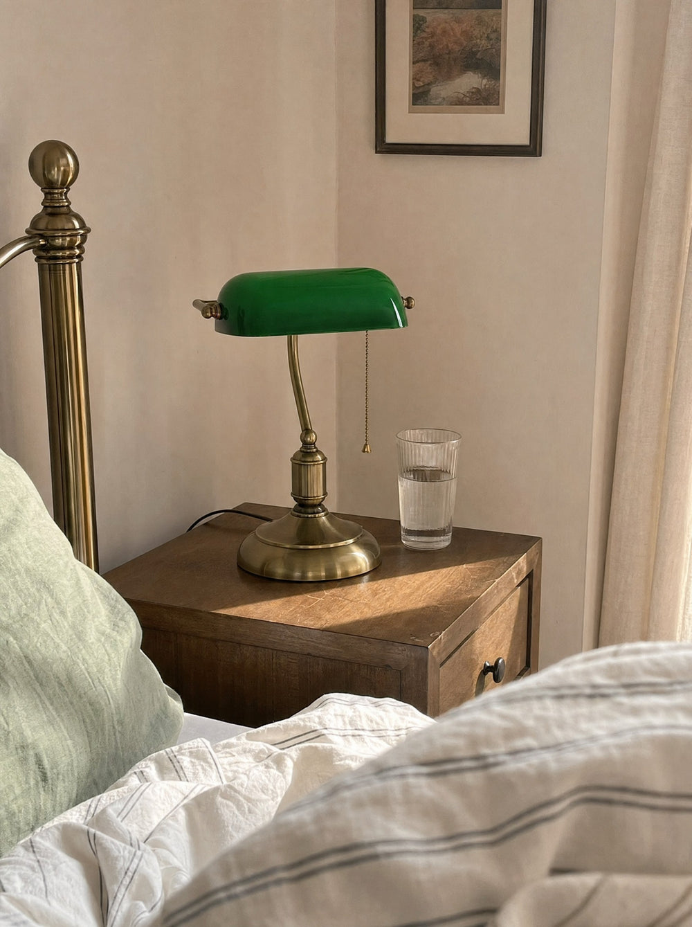 Bankers Green Glass Nightstand Lamp, seen from the bed in the morning