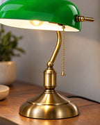 Close-up of the materials and finish of the Bankers Green Glass Nightstand Lamp