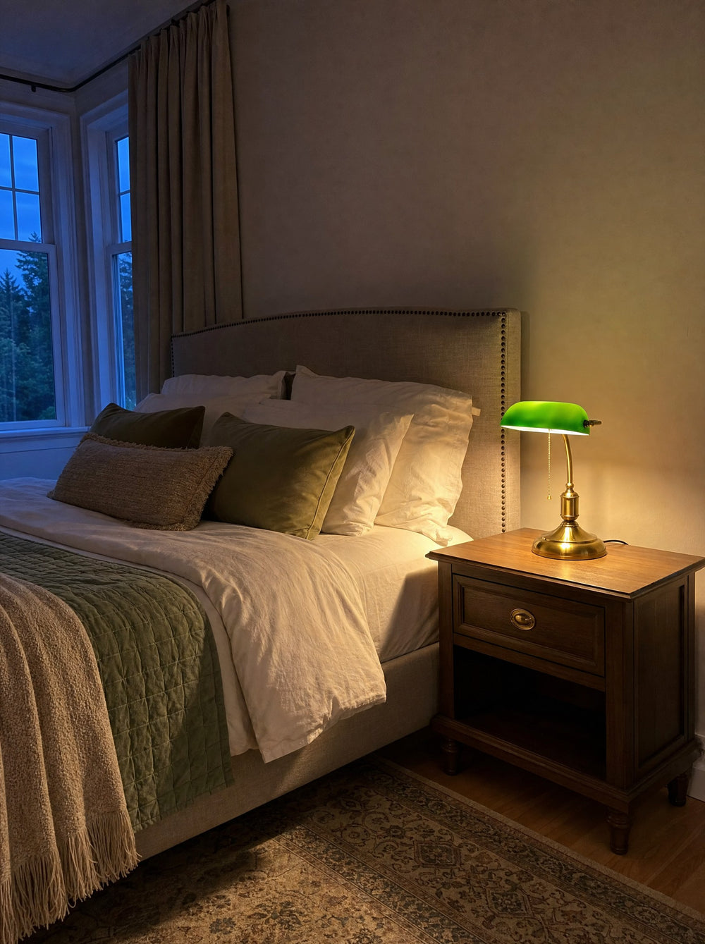 Bankers Green Glass Nightstand Lamp, at dusk
