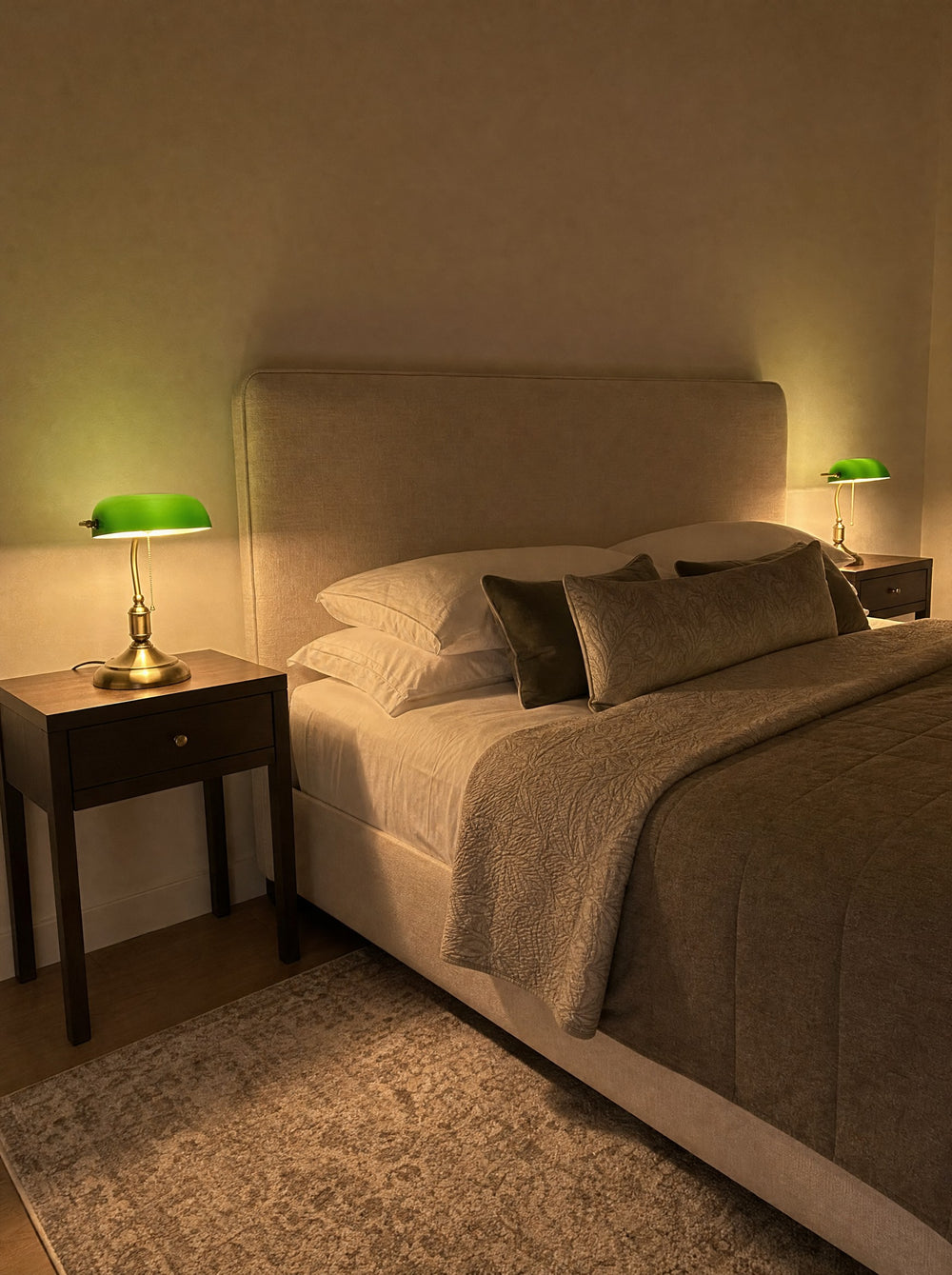 Bankers Green Glass Nightstand Lamp, as a pair on both nightstands
