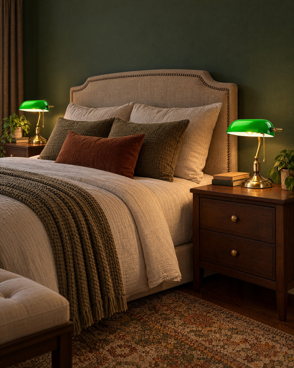 Two Bankers Green Glass Nightstand Lamp lamps flanking a bed at night