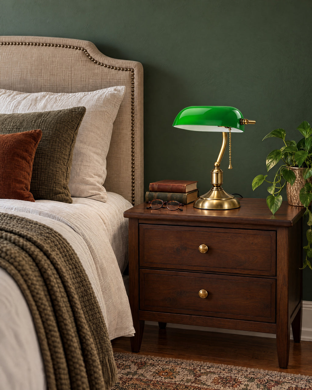 Bankers Green Glass Nightstand Lamp switched off in soft morning daylight