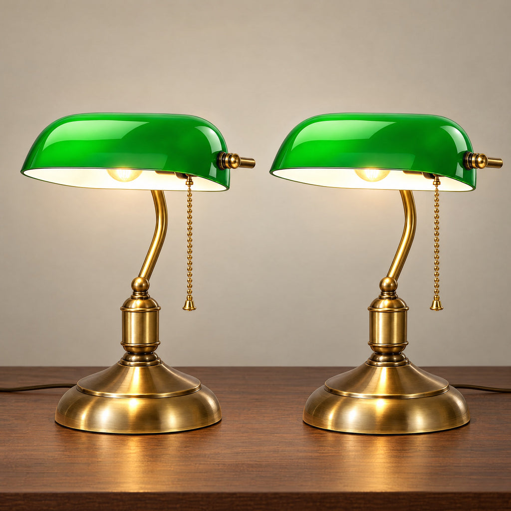 Bankers Green Glass Nightstand Lamp, Set of 2, both lamps switched on
