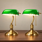 Bankers Green Glass Nightstand Lamp, Set of 2, both lamps switched on
