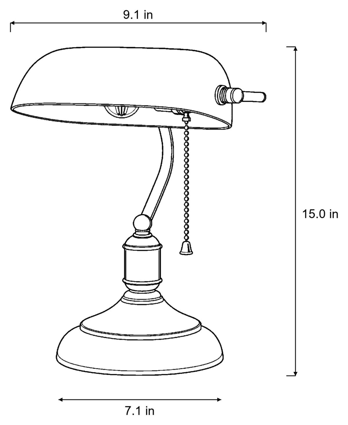 Dimensions sketch of the Bankers Green Glass Nightstand Lamp with measurements