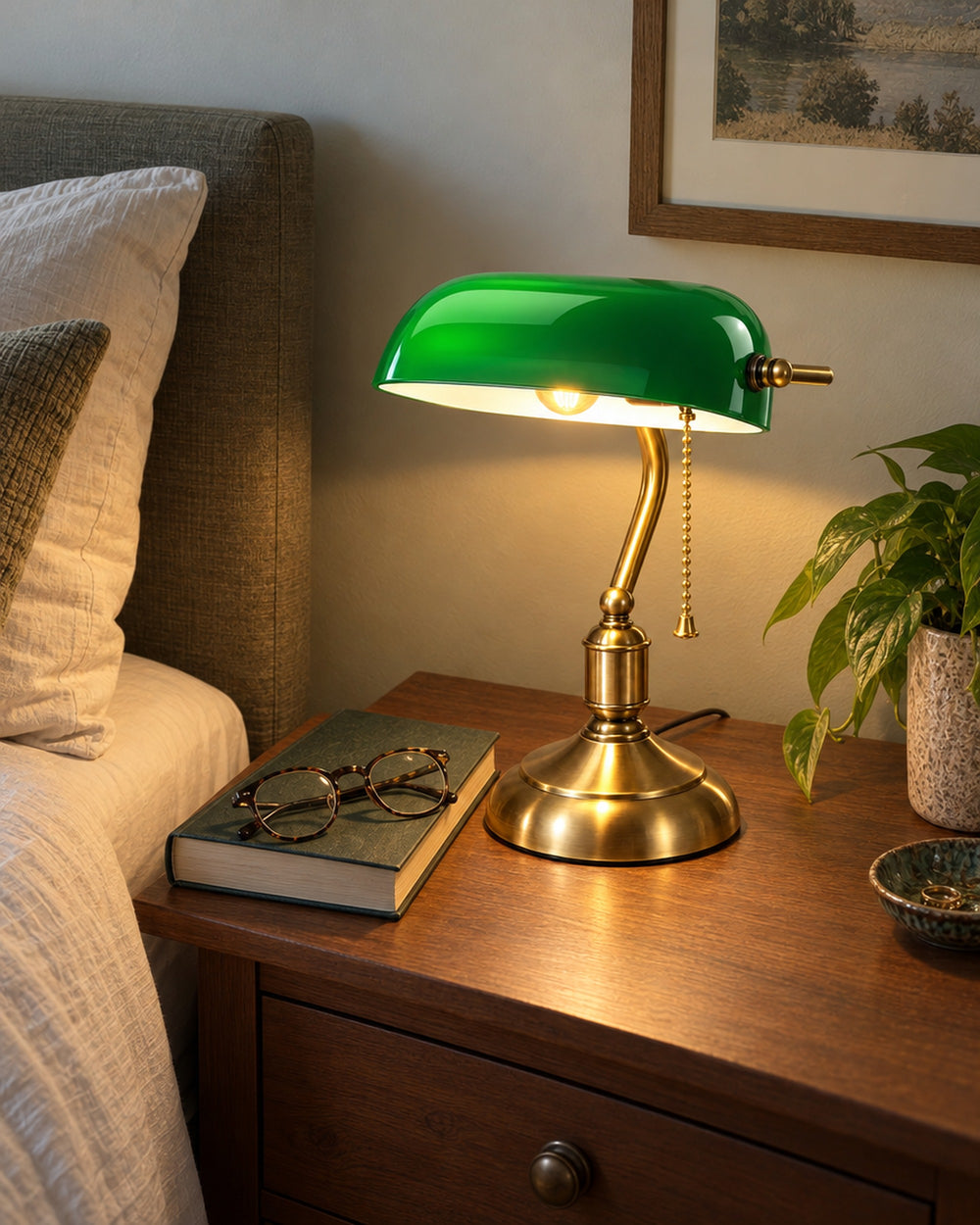 Bankers Green Glass Nightstand Lamp in a real home