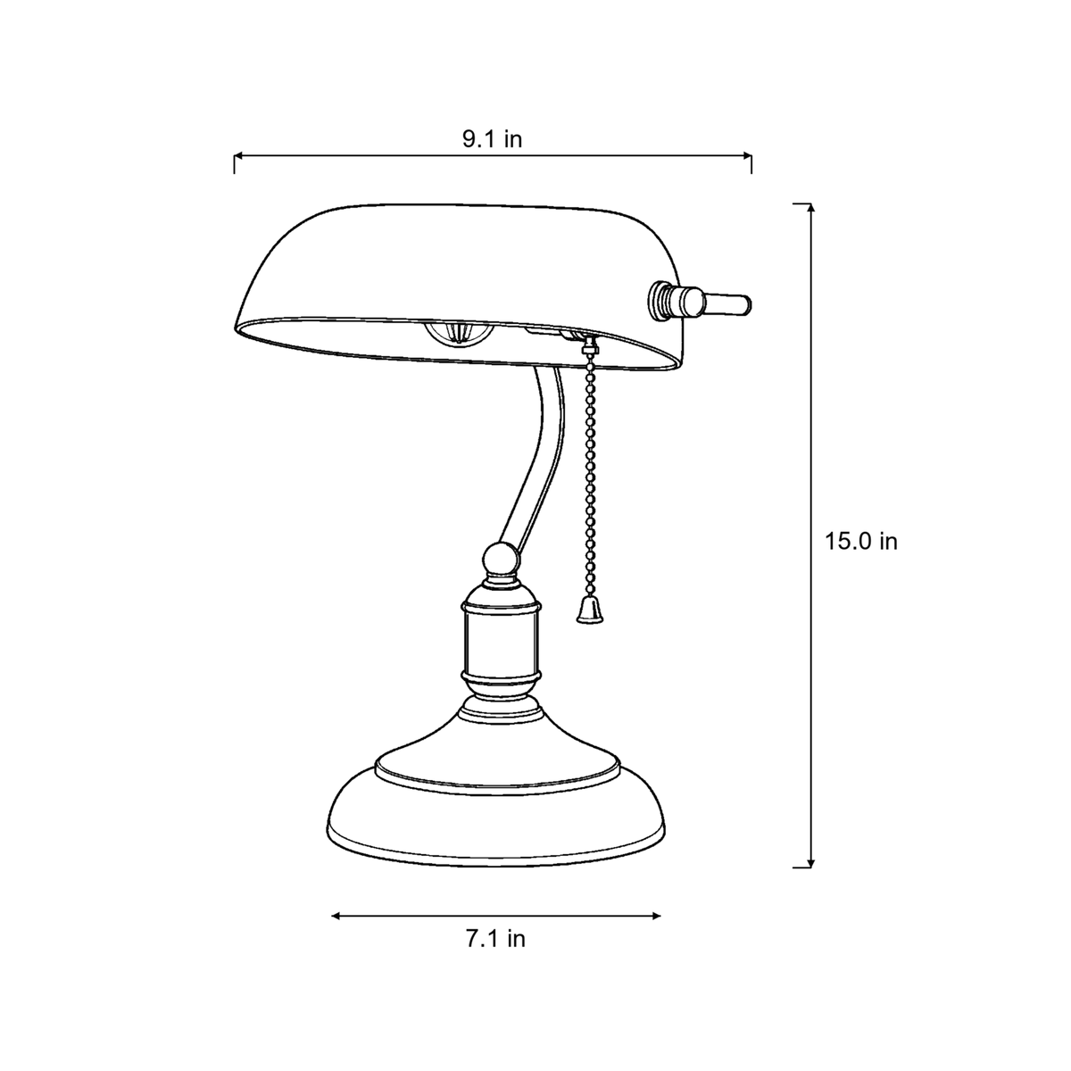 Dimensions sketch of the Bankers Green Glass Nightstand Lamp with measurements