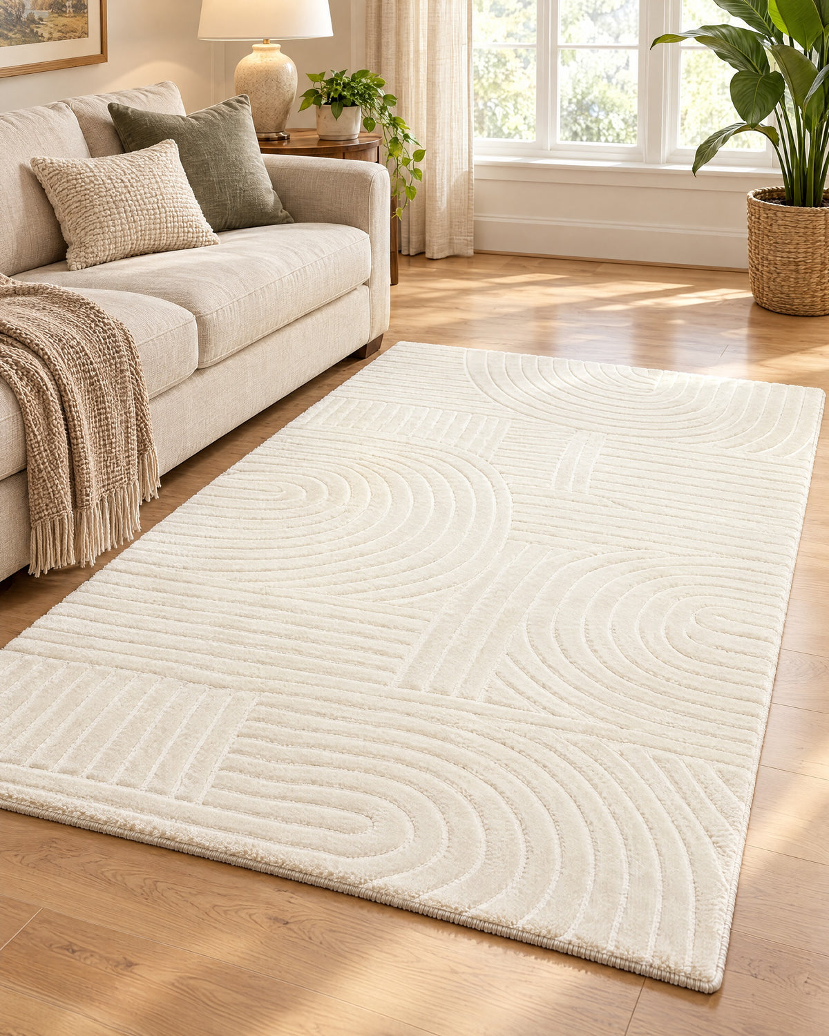 Beige High-Low Area Rug, Carved Arcs, Washable styled in a warm living room