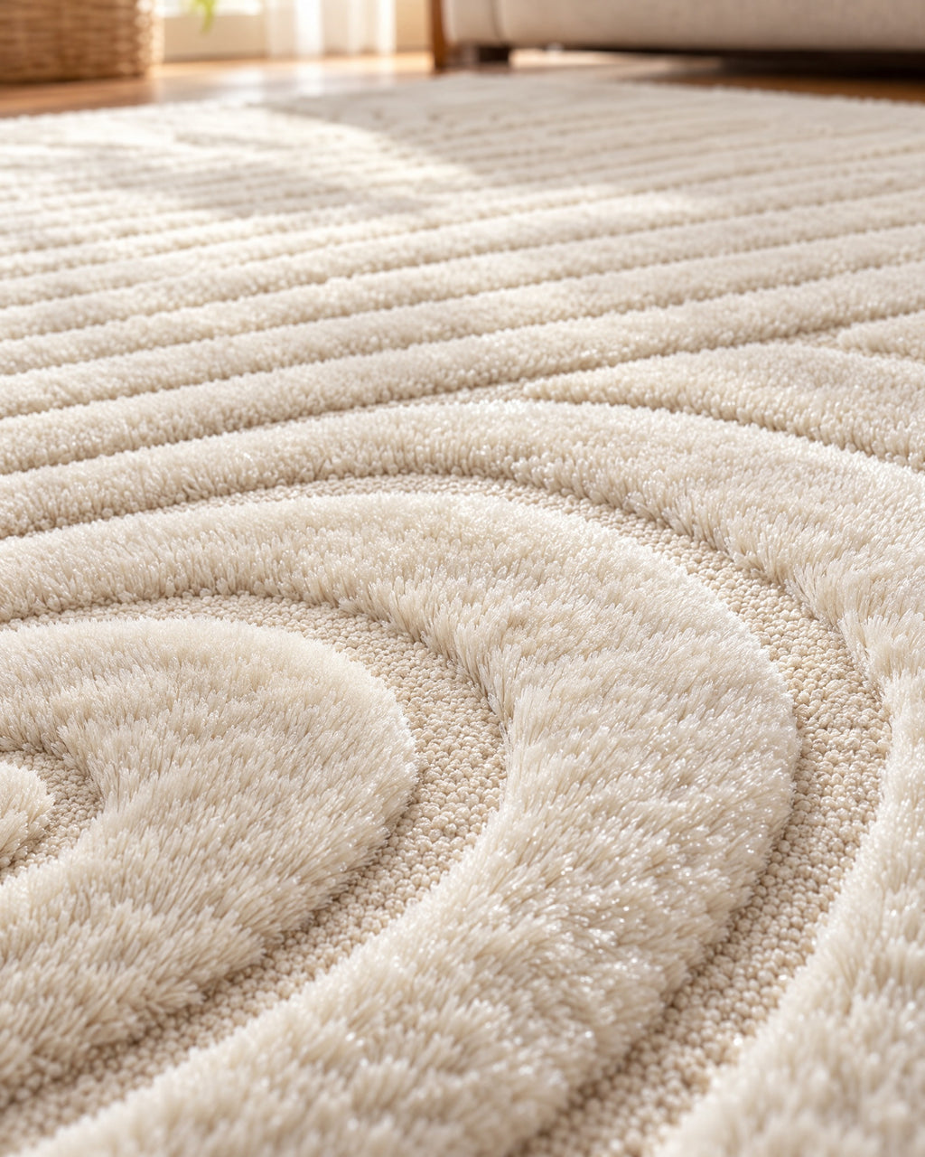 Close-up of the pile of the Beige High-Low Area Rug, Carved Arcs, Washable