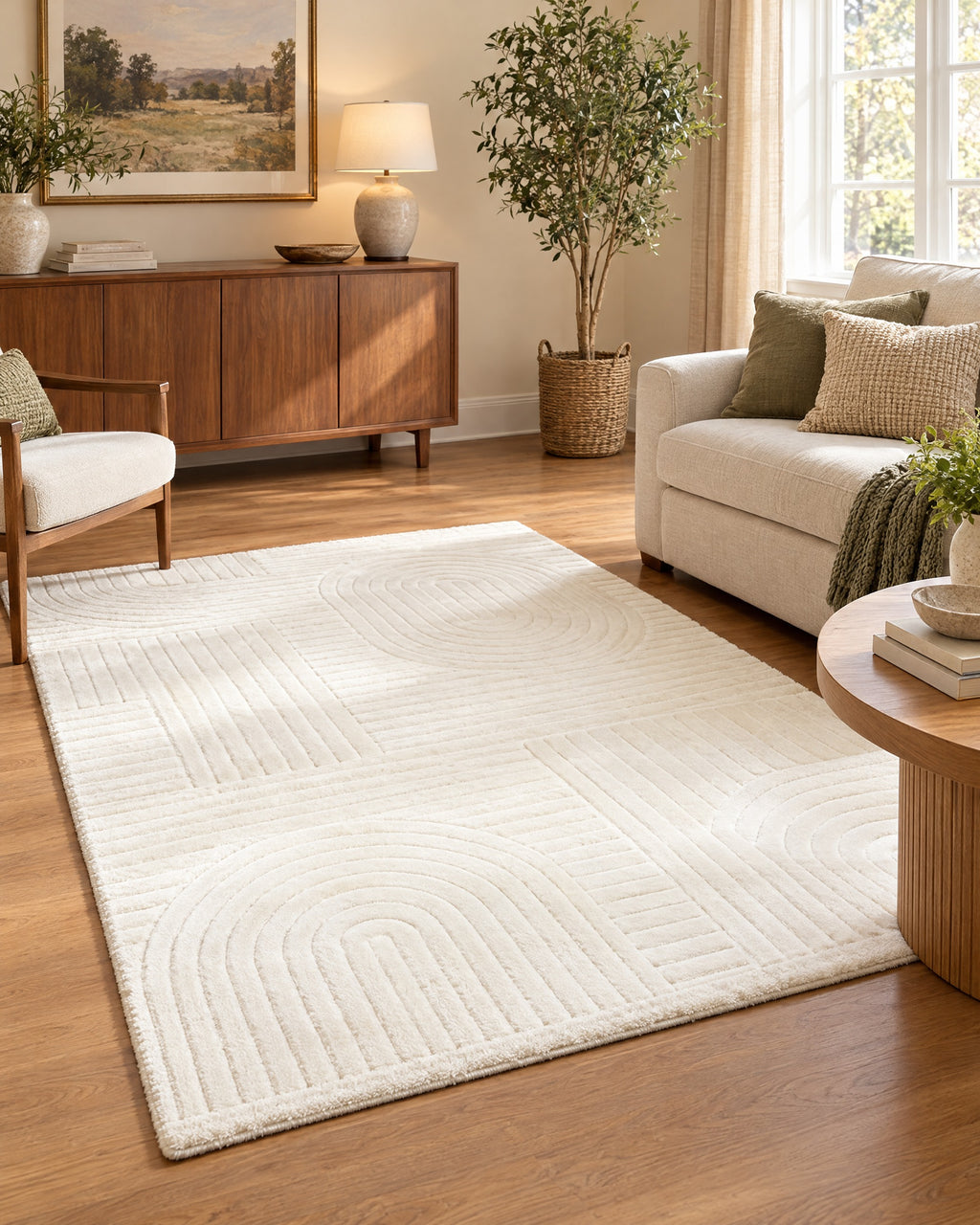 Beige High-Low Area Rug, Carved Arcs, Washable shown in proportion to the furniture around it