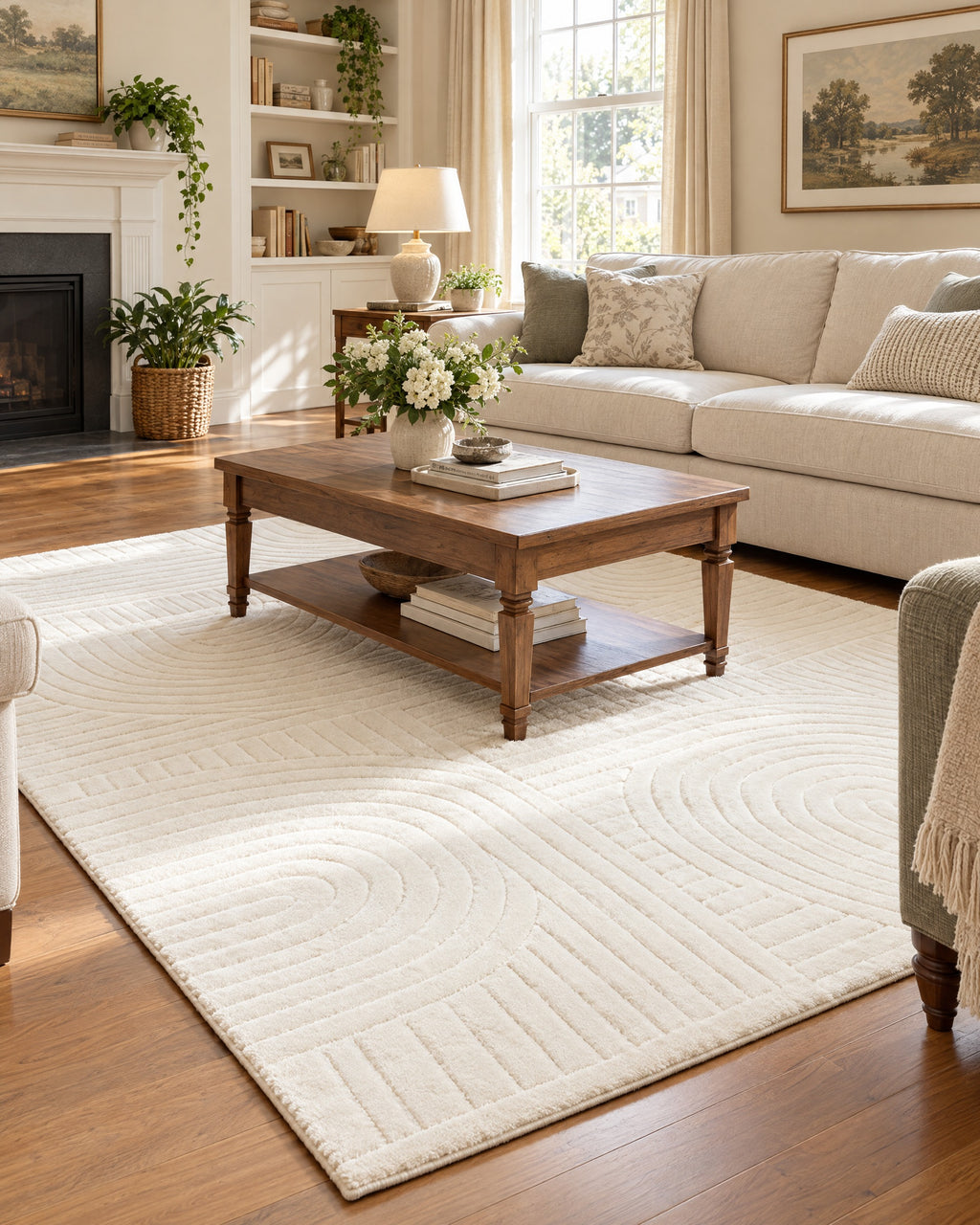 The larger 4.9 x 6.6 ft size of the Beige High-Low Area Rug, Carved Arcs, Washable in a living room