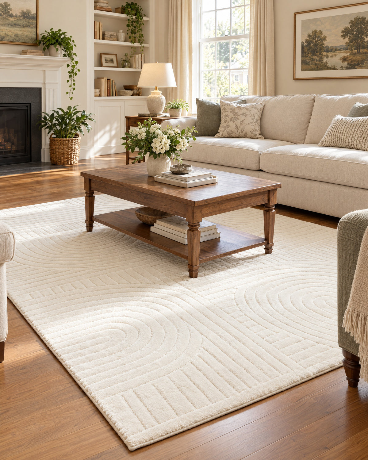 The larger 4.9 x 6.6 ft size of the Beige High-Low Area Rug, Carved Arcs, Washable in a living room