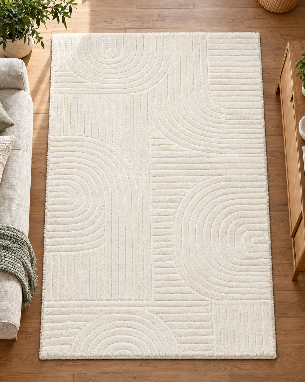 The Beige High-Low Area Rug, Carved Arcs, Washable seen flat from above