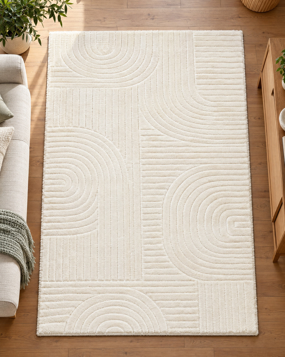 The Beige High-Low Area Rug, Carved Arcs, Washable seen flat from above