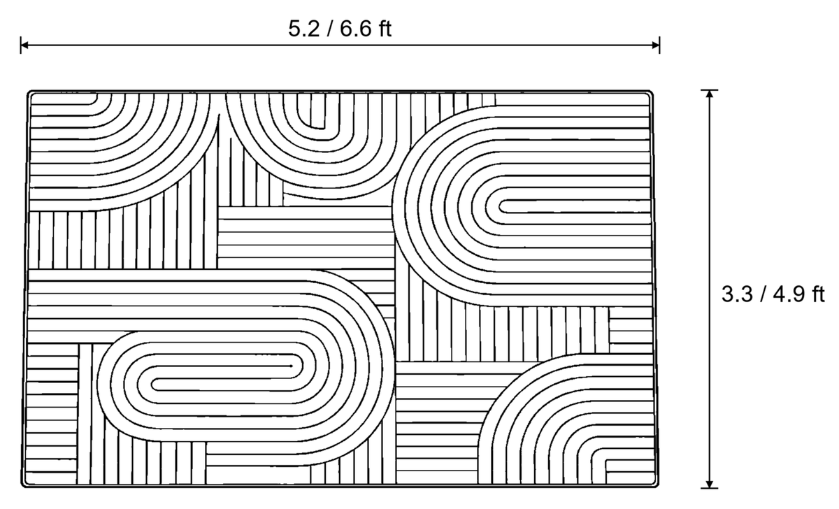 Dimensions sketch of the Beige High-Low Area Rug, Carved Arcs, Washable with measurements