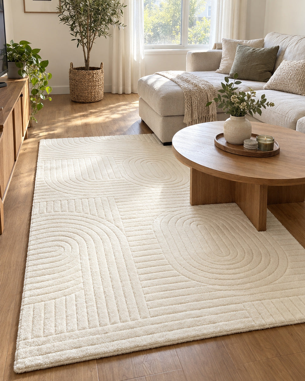 Beige High-Low Area Rug in a real home
