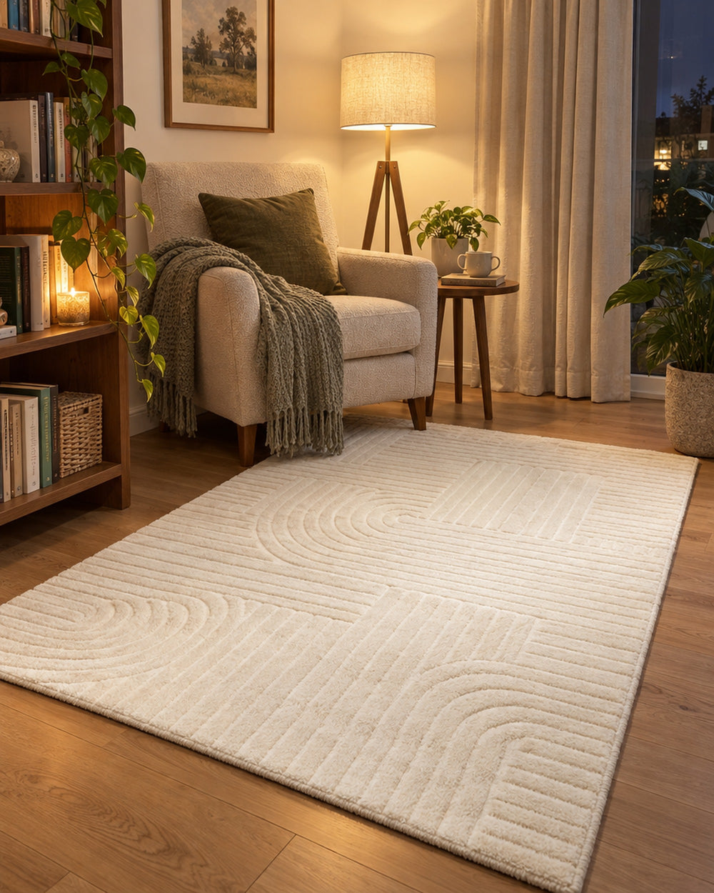 Beige High-Low Area Rug in a real home