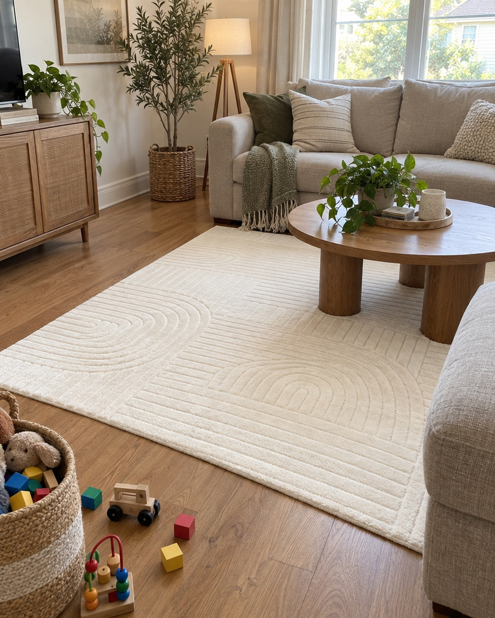 Beige High-Low Area Rug in a real home
