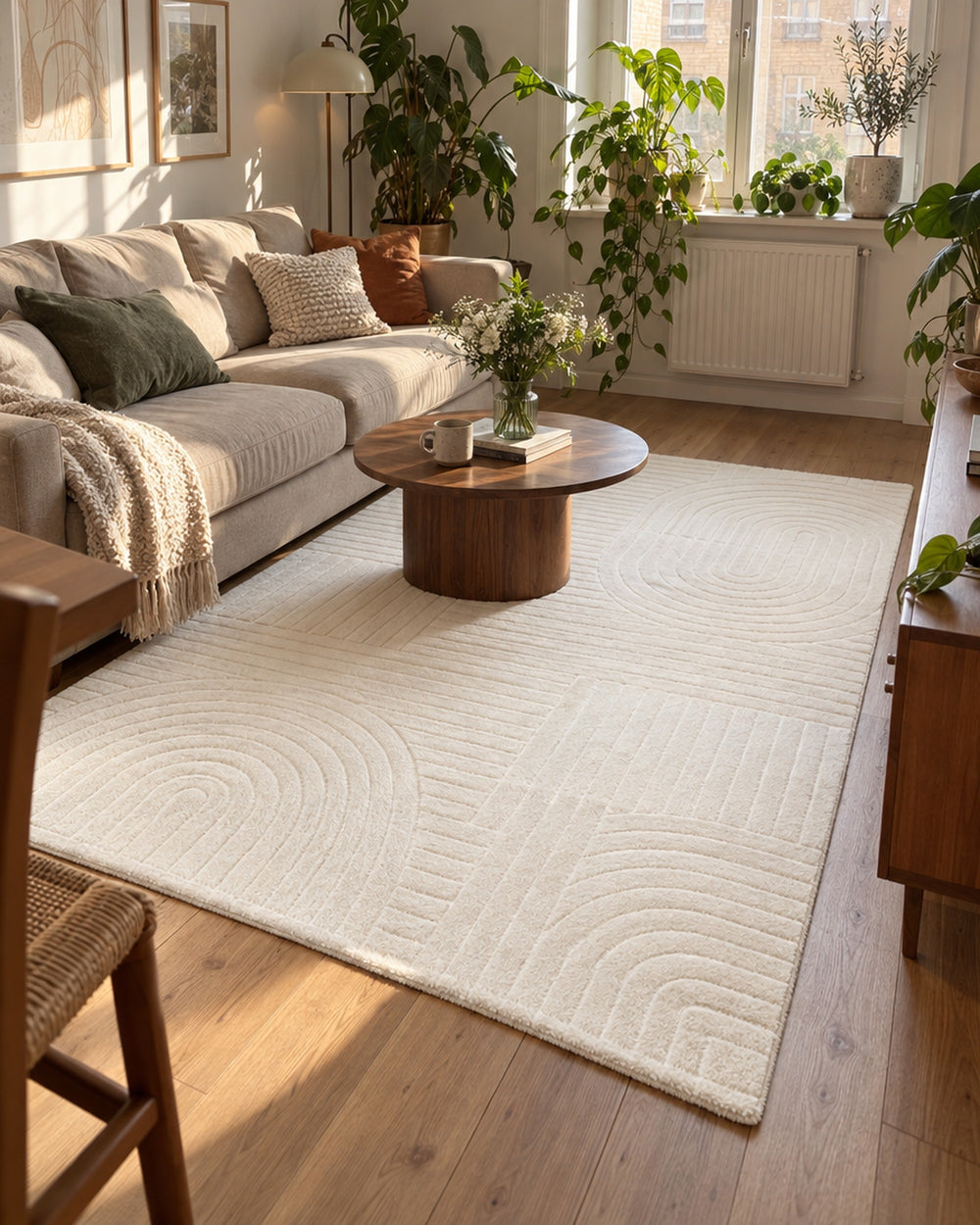Beige High-Low Area Rug in a real home