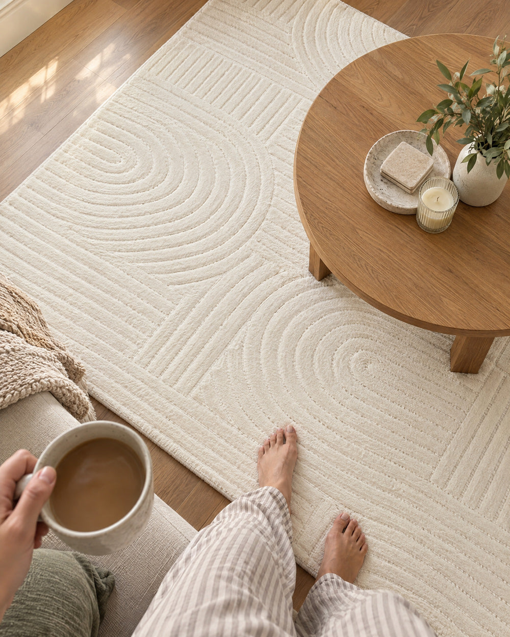 Beige High-Low Area Rug, Carved Arcs, Washable in a real home, in use