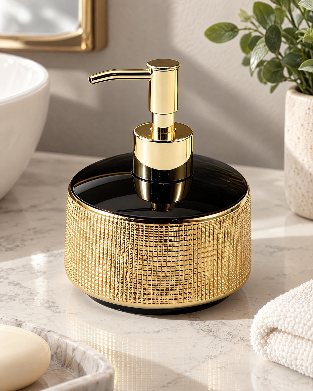 Woven Texture Soap Dispenser, Ceramic, Black and Gold, 12.5 oz on a bathroom vanity in soft daylight