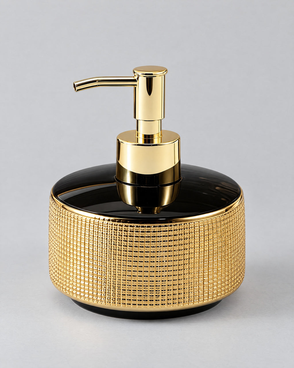 Woven Texture Soap Dispenser, Ceramic, Black and Gold, 12.5 oz against a seamless studio backdrop