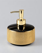 Woven Texture Soap Dispenser, Ceramic, Black and Gold, 12.5 oz against a seamless studio backdrop