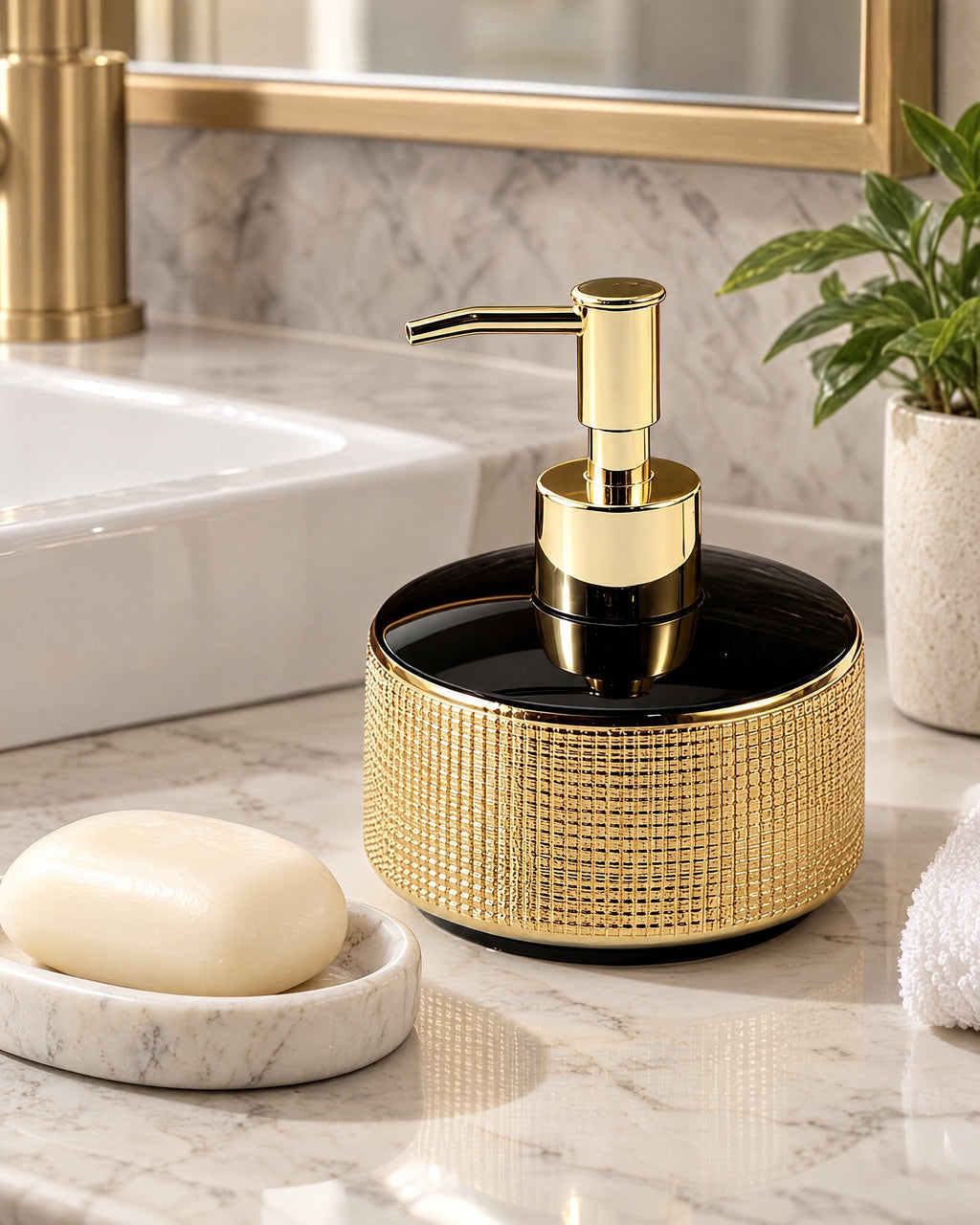Woven Texture Soap Dispenser, Ceramic, Black and Gold, 12.5 oz shown at true scale on a countertop