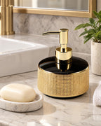 Woven Texture Soap Dispenser, Ceramic, Black and Gold, 12.5 oz shown at true scale on a countertop