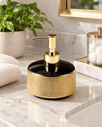 Woven Texture Soap Dispenser, Ceramic, Black and Gold, 12.5 oz styled on a bathroom counter