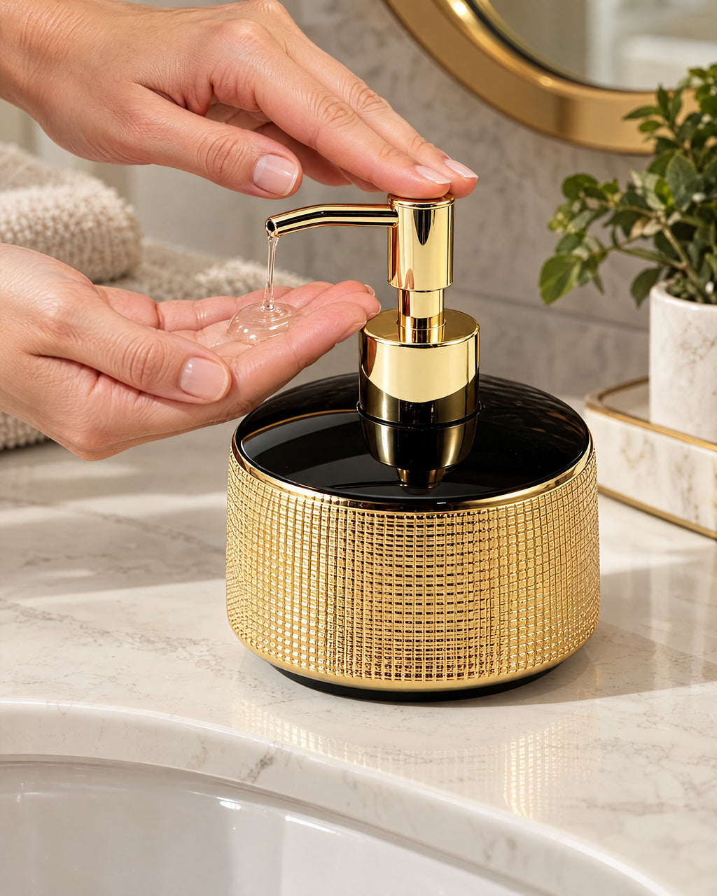 A hand pressing the pump of the Woven Texture Soap Dispenser, Ceramic, Black and Gold, 12.5 oz