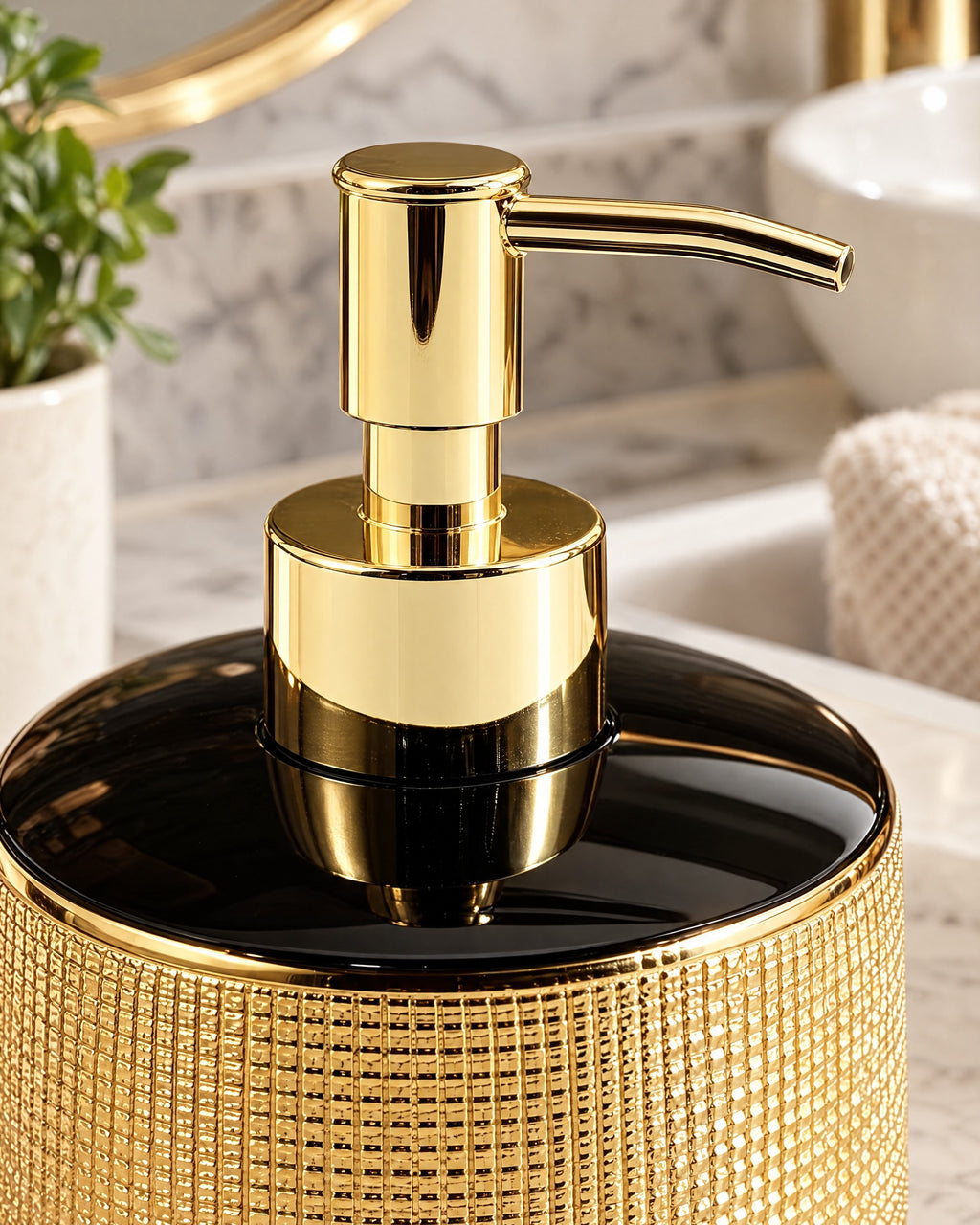 Close-up of the glaze and pump finish of the Woven Texture Soap Dispenser, Ceramic, Black and Gold, 12.5 oz