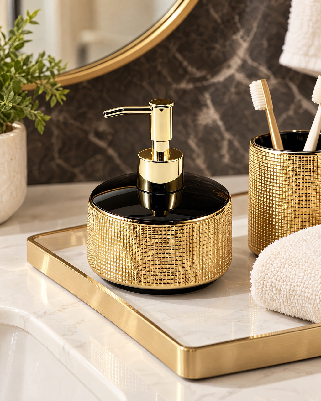 Woven Texture Soap Dispenser, Ceramic, Black and Gold, 12.5 oz styled on a tray with bathroom accessories