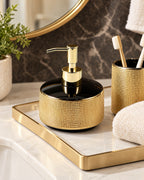 Woven Texture Soap Dispenser, Ceramic, Black and Gold, 12.5 oz styled on a tray with bathroom accessories