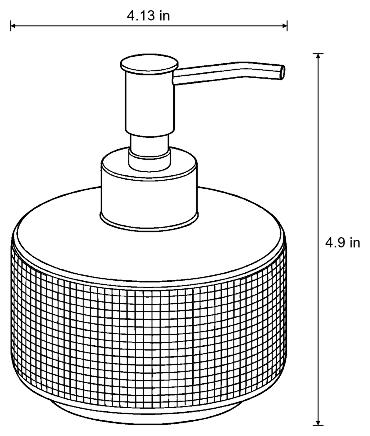 Dimensions sketch of the Woven Texture Soap Dispenser, Ceramic, Black and Gold, 12.5 oz with measurements