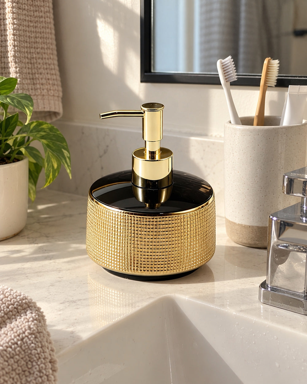 Woven Texture Soap Dispenser, Ceramic, Black and Gold, 12.5 oz in a real home