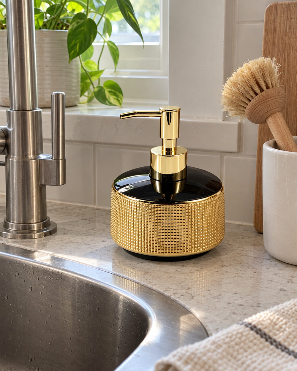 Woven Texture Soap Dispenser, Ceramic, Black and Gold, 12.5 oz in a real home