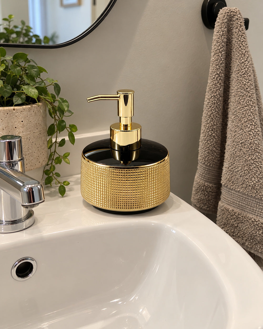 Woven Texture Soap Dispenser, Ceramic, Black and Gold, 12.5 oz in a real home