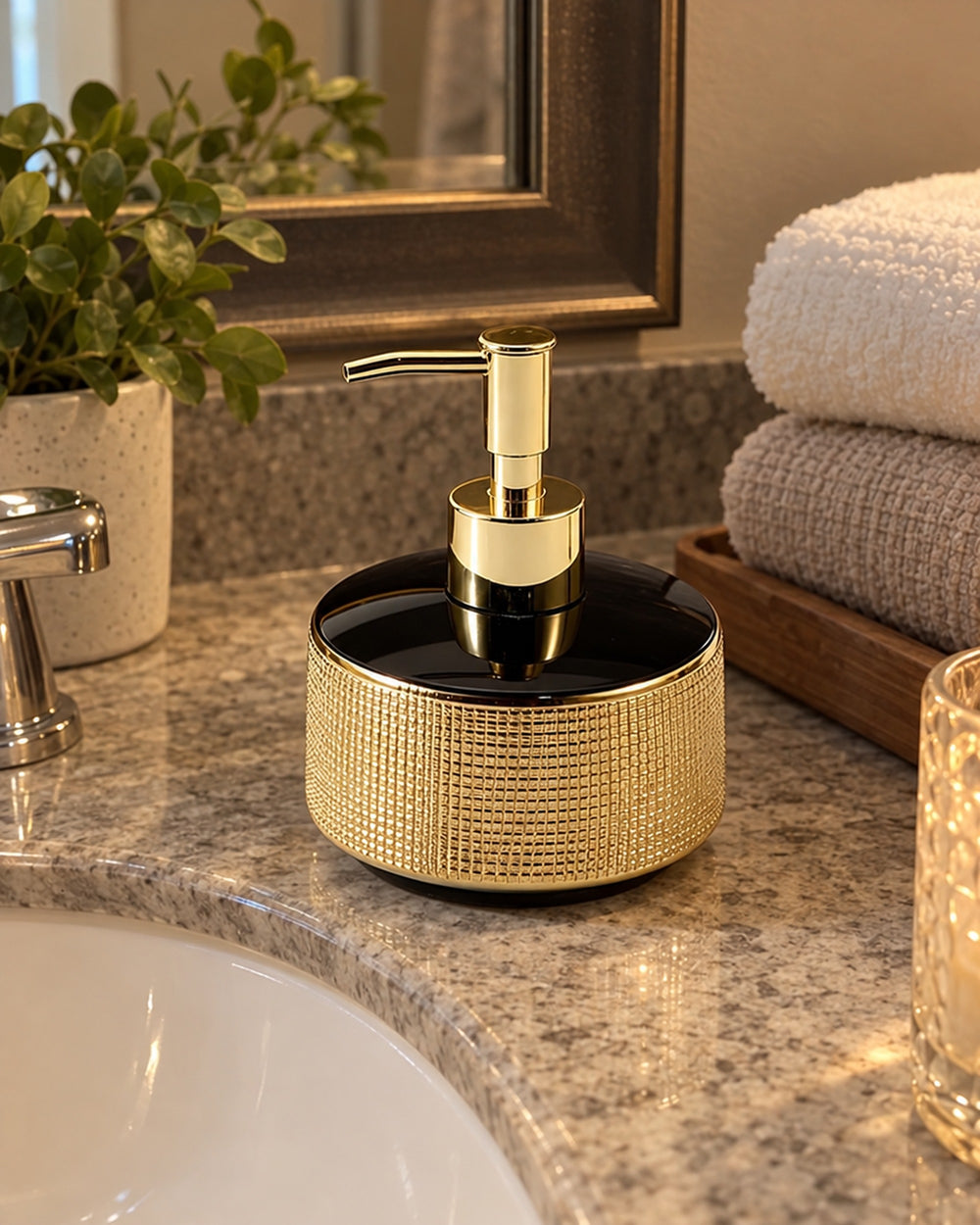 Woven Texture Soap Dispenser, Ceramic, Black and Gold, 12.5 oz in a real home
