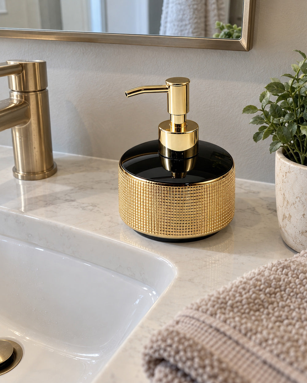 Woven Texture Soap Dispenser, Ceramic, Black and Gold, 12.5 oz in a real home