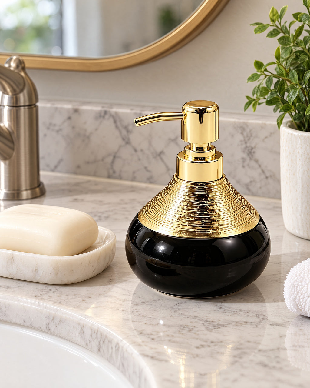Soap Dispenser, Ceramic, Black with Brushed Gold, 9 oz shown at true scale on a countertop