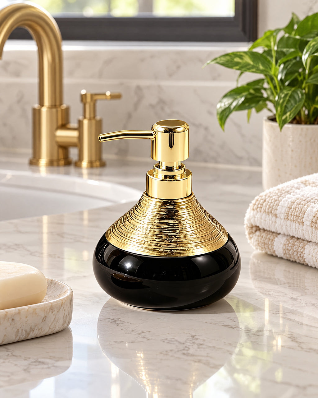 Soap Dispenser, Ceramic, Black with Brushed Gold, 9 oz styled on a bathroom counter