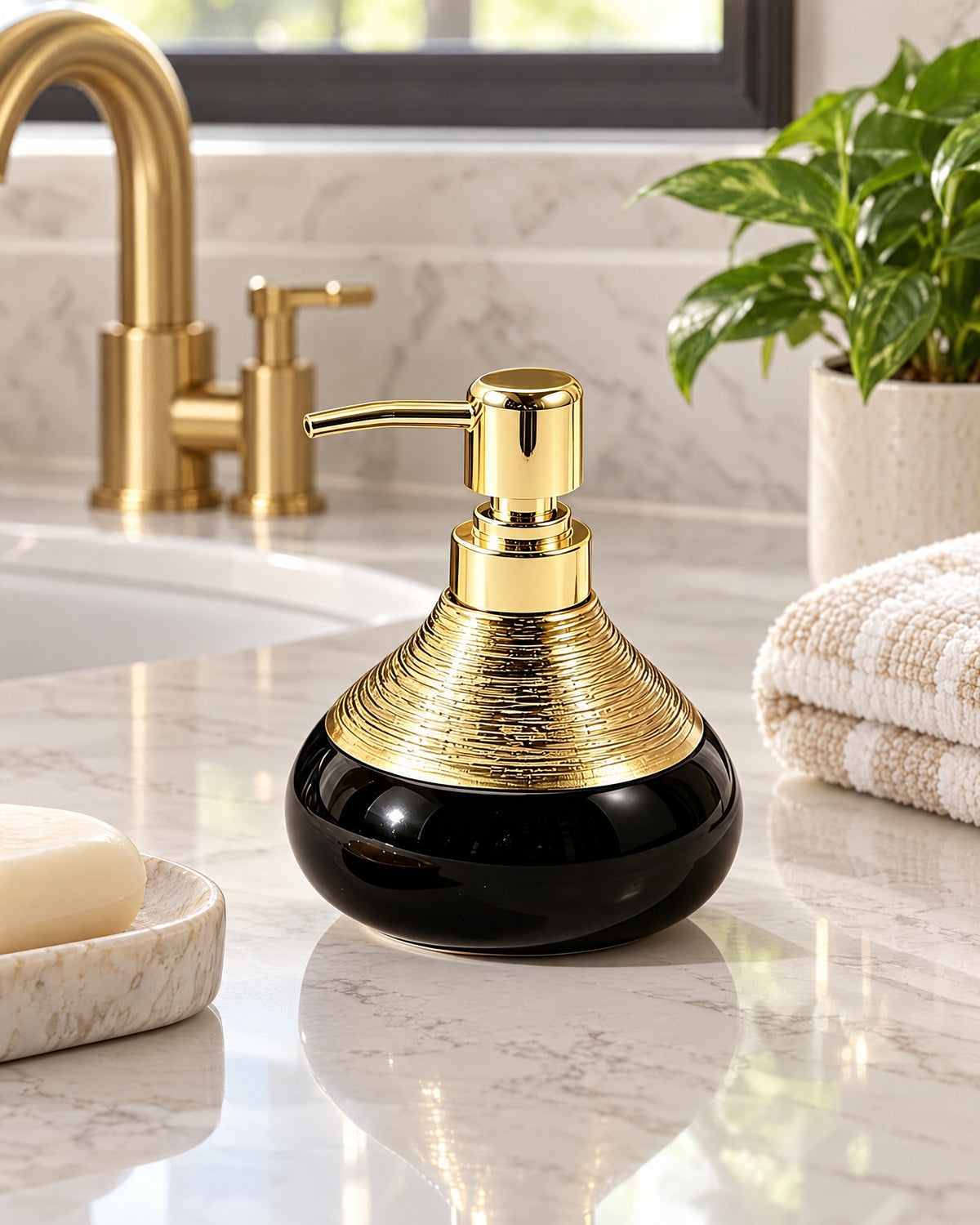 Soap Dispenser, Ceramic, Black with Brushed Gold, 9 oz styled on a bathroom counter