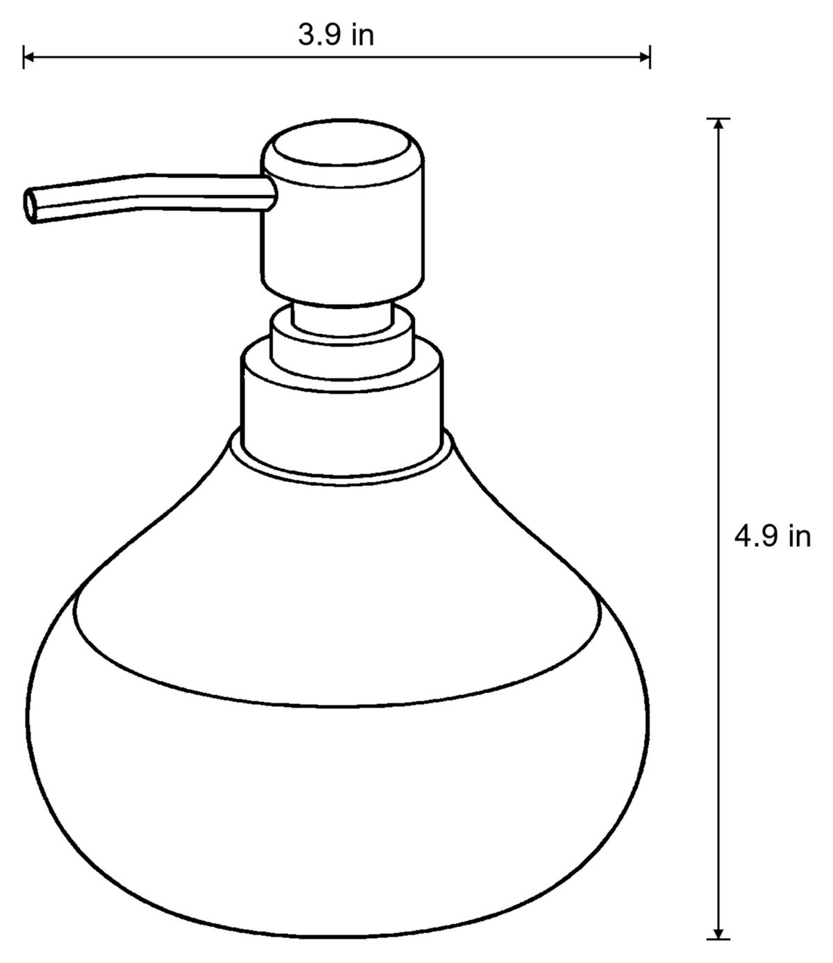 Dimensions sketch of the Soap Dispenser, Ceramic, Black with Brushed Gold, 9 oz with measurements