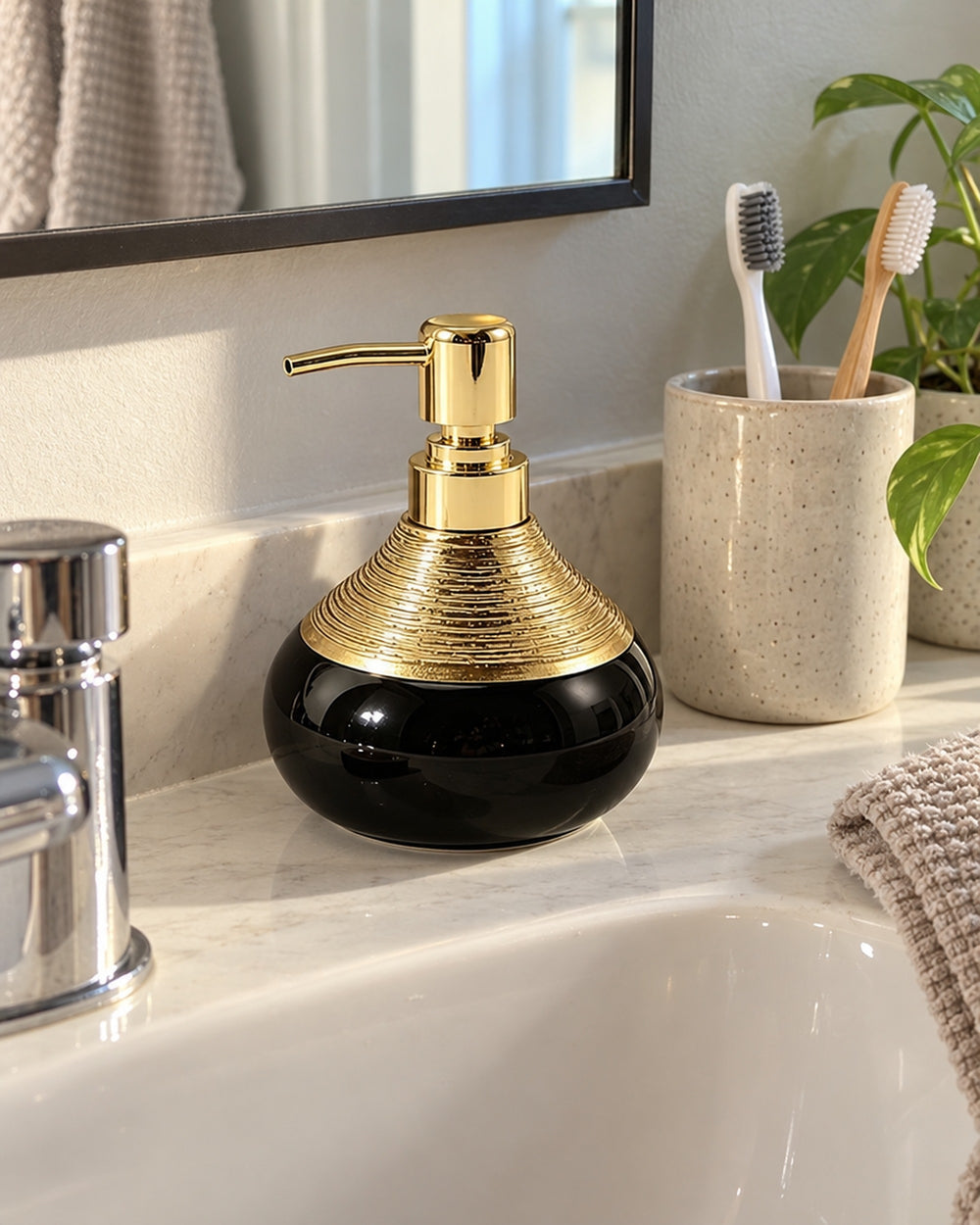 Soap Dispenser, Ceramic, Black with Brushed Gold, 9 oz in a real home