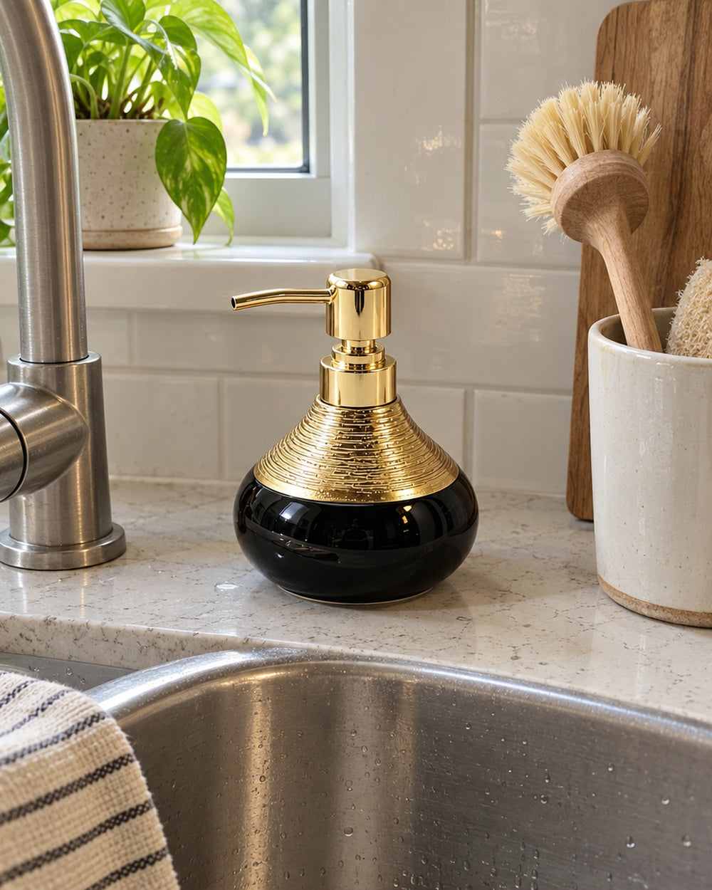 Soap Dispenser, Ceramic, Black with Brushed Gold, 9 oz in a real home