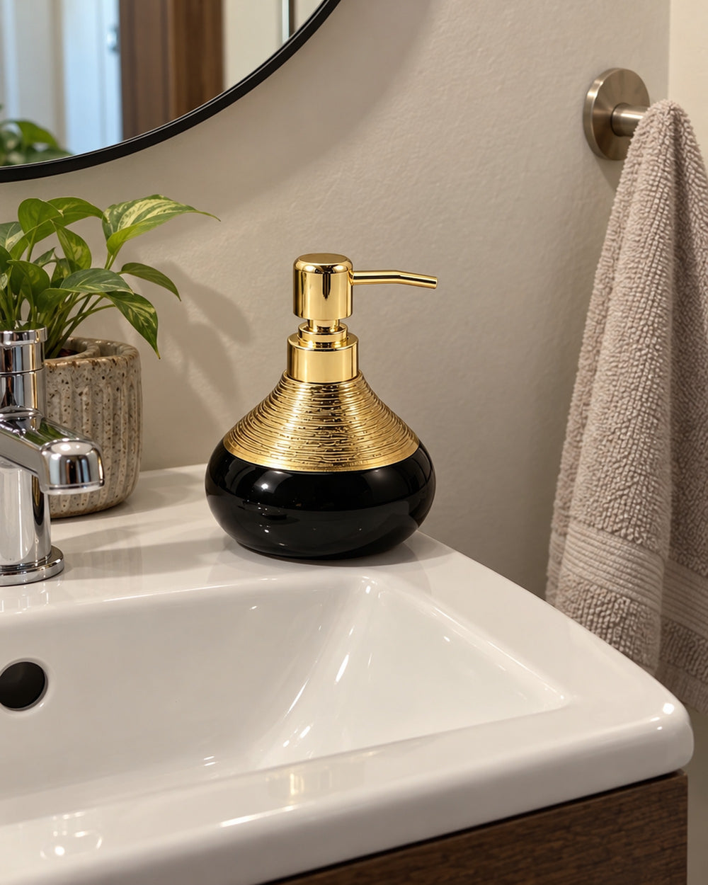 Soap Dispenser, Ceramic, Black with Brushed Gold, 9 oz in a real home